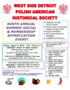 NINTH ANNUAL SUMMER SOCIAL & MEMBERSHIP APPRECIATION EVENT! Sunday, August 12, 2018 ~ 1:00 – 5:00 p.m.*