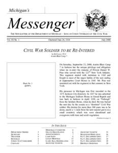 Michigan’s  Messenger THE NEWSLETTER OF THE DEPARTMENT OF MICHIGAN ~ SONS OF UNION VETERANS OF THE CIVIL WAR Vol. IX No. 1