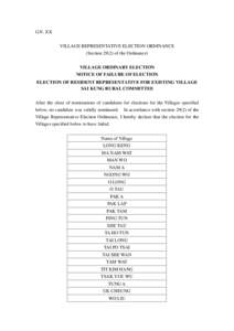 G.N. XX VILLAGE REPRESENTATIVE ELECTION ORDINANCE (Section[removed]of the Ordinance) VILLAGE ORDINARY ELECTION NOTICE OF FAILURE OF ELECTION ELECTION OF RESIDENT REPRESENTATIVE FOR EXISTING VILLAGE