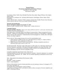 Meeting Minutes Permanent Commission on the Status of Women December 12, 2012, 1pm-3pm Nash School, Augusta  In attendance: Eloise Vitelli, Chair, Elizabeth Ward Saxl, Romy Spitz, Megan Williams, Julia Colpitts,