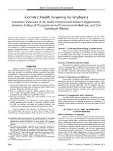 JOINT CONSENSUS STATEMENT  Biometric Health Screening for Employers Consensus Statement of the Health Enhancement Research Organization, American College of Occupational and Environmental Medicine, and Care Continuum All