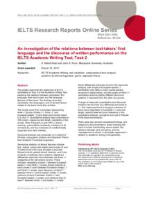 RIAZI AND KNOX: IELTS ACADEMIC WRITING TASK 2: L1, BAND SCORE AND PERFORMANCE  IELTS Research Reports Online Series ISSN[removed]Reference: 2013/2
