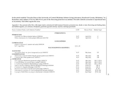 In the article entitled “Vascular Flora of the University of Central Oklahoma Selman Living Laboratory, Woodward County, Oklahoma,” by Buckallew and Caddell, of Vol. 83, 2003 POAS, part of the flowering plant list wa