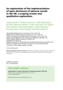 An exploration of the implementation of open disclosure of adverse events in the UK: a scoping review and qualitative exploration