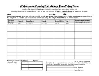 Wabaunsee County Fair Animal Pre-Entry Form