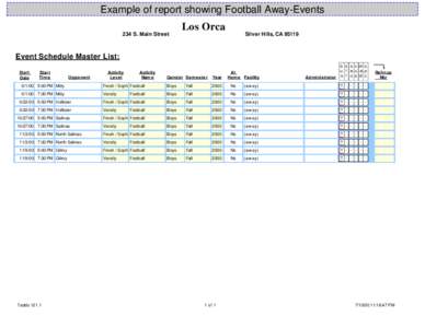 Example of report showing Football Away-Events 234 S. Main Street Los Orca  Silver Hills, CA 95119