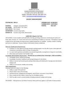 PUEBLO OF ISLETA HUMAN RESOURCES DEPARTMENT P.O. BOX 1270, ISLETA, NM[removed]PHONE: ([removed]FAX: ([removed]EMAIL: [removed] VACANCY ANNOUNCEMENT