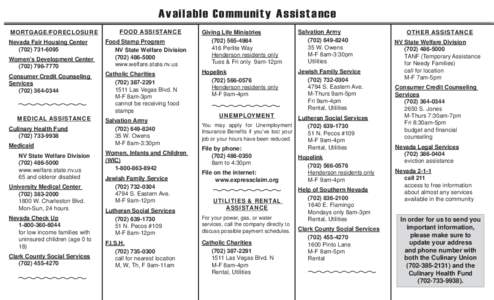 Available Community Assistance MORTGAGE/FORECLOSURE Nevada Fair Housing Center[removed]Women’s Development Center[removed]