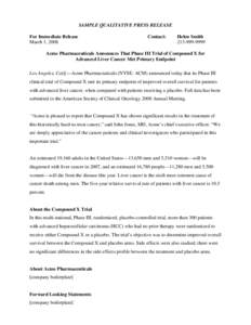 SAMPLE PRESS RELEASE TO SATISFY SECURITIES AND EXCHANGE COMMISSION OBLIGATIONS, SHOWING POSITIVE STUDY RESULTS