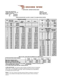 COPPER WIRE - DISTRIBUTOR PRICE SHEET ENCORE WIRE CORPORATION 1329 MILLWOOD ROAD, P O BOX 1149 McKINNEY, TXPHONE: METRO