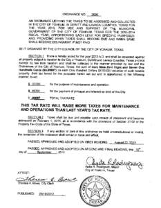 ORDINANCE NO[removed]AN ORDINANCE LEVYING THE TAXES TO BE ASSESSED AND COLLECTED IN THE CITY OF YOAKUM IN DEWITT AND LAVACA