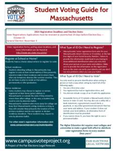 Student Voting Guide for Massachusetts 2014 Registration Deadlines and Election Dates Voter Registrations Applications must be received or postmarked 20 days before Election Day.— October 15 General Election: November 