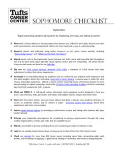 Sophomore CHECKLIST Exploration Begin researching careers and industries by shadowing, interning, and talking to alumni. Meet with a Career Advisor to discuss careers that interest you, reflect on your skills, discern yo