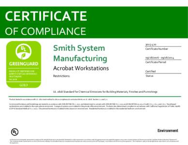 CERTIFICATE OF COMPLIANCE Smith System Manufacturing[removed]