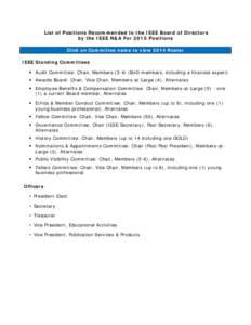 List of Positions Recommended to the IEEE Board of Directors by the IEEE N&A For 2015 Positions Click on Committee name to view 2014 Roster IEEE Standing Committees • Audit Committee: Chair, Members[removed]BoD members,