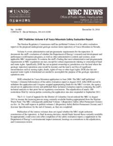 Press Release[removed]: NRC Publishes Volume 4 of Yucca Mountain Safety Evaluation Report.
