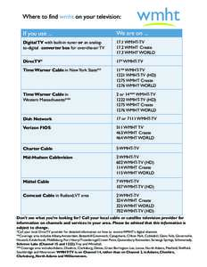 Where to find wmht on your television: If you use ... We are on ...  Digital TV with built-in tuner or an analogto-digital converter box for over-the-air TV