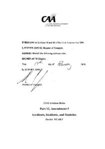 PURSUANT to Sections 28 and 30 of the Civil Aviation Act 1990 I, STEVEN JOYCE, Minister of Transport, HEREBY MAKE the following ordinary rules. SIGNED AT Wellington This