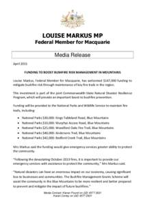 LOUISE MARKUS MP  Federal Member for Macquarie Media Release April 2015