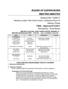 BOARD OF SUPERVISORS MEETING MINUTES Meeting Date: Meeting Location: Bert Harris Center, Conference Room III Sebring, Florida FINAL - Approved