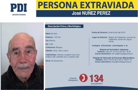 José NUÑEZ PEREZ  Edad: 83 años. Estatura: 1.63 mts. Tez: Blanca. Iris: Café.