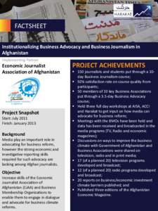 Afghanistan Investment Climate Facility Organization  FACTSHEET Institutionalizing Business Advocacy and Business Journalism in Afghanistan Implementing Partner