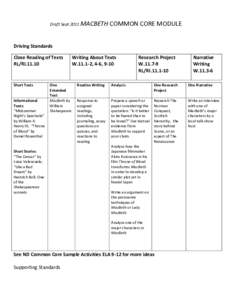 Draft Sept 2011 MACBETH  COMMON CORE MODULE Driving Standards Close Reading of Texts