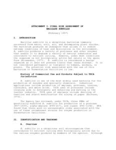 US EPA, ATTACHMENT I--FINAL RISK ASSESSMENT OF BACILLUS SUBTILIS