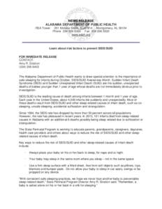 NEWS RELEASE ALABAMA DEPARTMENT OF PUBLIC HEALTH RSA Tower 201 Monroe Street, Suite 914 Montgomery, AL[removed]Phone[removed]Fax[removed]