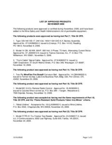 MSHA - Approved Products for the Minining Industry Monthly List - November 2009