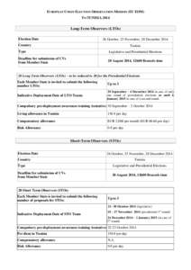 EUROPEAN UNION ELECTION OBSERVATION MISSION (EU EOM) TO TUNISIA 2014 Long-Term Observers (LTOs) Election Date