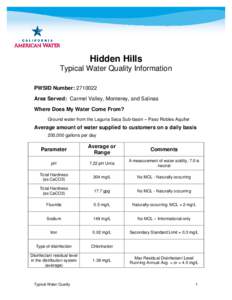 Hidden Hills Typical Water Quality Information PWSID Number: [removed]Area Served: Carmel Valley, Monterey, and Salinas Where Does My Water Come From? Ground water from the Laguna Seca Sub-basin – Paso Robles Aquifer