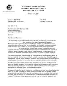 DEPARTMENT OF THE TREASURY INTERNAL REVENUE SERVICE W ASHINGTON, D.C[removed]OFFICE OF THE CHIEF COUNSEL  October 28, 2014