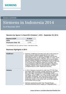 Siemens worldwide  Siemens in Indonesia 2014 As of DecemberSiemens key figures* in fiscalOctober 1, 2013 – September 30, 2014)