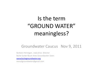 Is the term “GROUND WATER” meaningless? Groundwater Caucus Nov 9, 2011 Barbara Hennigan, executive director Butte-Sutter Basin Area Groundwater Users