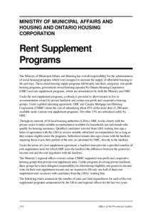 MINISTRY OF MUNICIPAL AFFAIRS AND HOUSING AND ONTARIO HOUSING CORPORATION Rent Supplement Programs