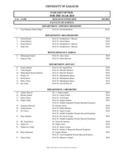 UNIVERSITY OF KARACHI PASS LIST OF Ph.D. FOR THE YEAR 2010 S.No. NAME  RESEARCH SUPERVISOR