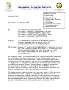 October 31, 2013  ALL COUNTY LETTER NO[removed]REASON FOR THIS TRANSMITTAL