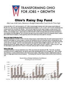 Ohio’s Rainy Day Fund After Low of 89 Cents, Balance in Budget Stabilization Fund Hits All-Time High Coming into office in 2011 with the prospect of a $7.7 billion structural budget imbalance and a state savings accoun