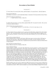 Descendants of David Mallett  Generation No[removed]DAVID1 MALLETT was born in Paris, France, and died Unknown. He married INDIAN. She died Unknown. Notes for DAVID MALLETT: David Mallett was married to a full blooded Indi