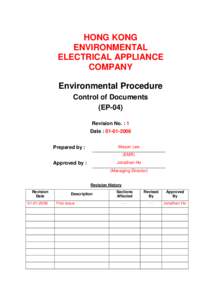 HONG KONG ENVIRONMENTAL ELECTRICAL APPLIANCE COMPANY Environmental Procedure Control of Documents