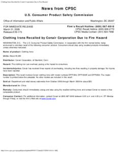 Clothing Irons Recalled by Conair Corporation Due to Fire Hazard