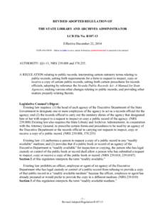 REVISED ADOPTED REGULATION OF THE STATE LIBRARY AND ARCHIVES ADMINISTRATOR LCB File No. R107-13 Effective December 22, 2014 EXPLANATION – Matter in italics is new; matter in brackets [omitted material] is material to b