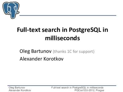 Full-text search in PostgreSQL in milliseconds Oleg Bartunov (thanks 1C for support) Alexander Korotkov  Oleg Bartunov