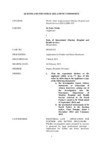 QUEENSLAND INDUSTRIAL RELATIONS COMMISSION  CITATION: Wirth v State of Queensland (Mackay Hospital and Health Service[removed]QIRC 035