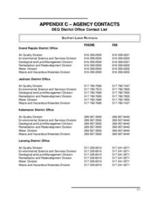 APPENDIX C – AGENCY CONTACTS DEQ District Office Contact List Southern Lower Peninsula PHONE  FAX