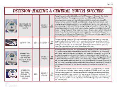 Page 1 of 3  DECISION-MAKING & GENERAL YOUTH SUCCESS ADVERTISING, THE MEDIA AND YOUR HEALTH