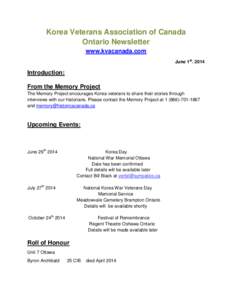 Korea Veterans Association of Canada Ontario Newsletter www.kvacanada.com June 1st[removed]Introduction: