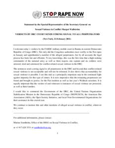 Ituri conflict / Second Congo War / United Nations Organization Stabilization Mission in the Democratic Republic of the Congo / Walikale / Military of the Democratic Republic of the Congo / Fizi Territory / Sexual violence / Sexual violence in the Democratic Republic of the Congo / Democratic Republic of the Congo / Africa / Political geography