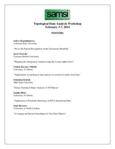 Topological Data Analysis Workshop February 3-7, 2014 POSTERS Sofya Chepushtanova Colorado State University “Set-to-Set Pattern Recognition on the Grassmann Manifold